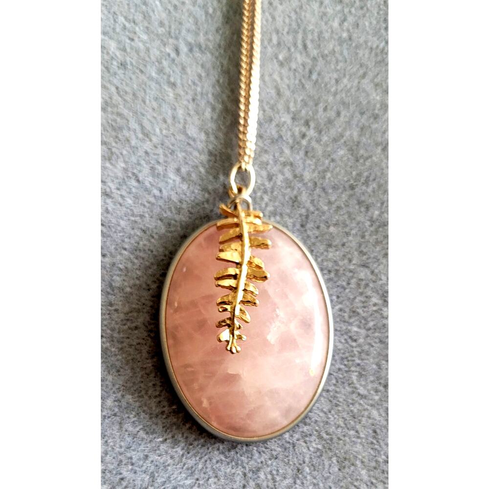 Rose Quartz Oval Pendant featuring Gold Fern Charm Necklace --Chain length 20 in